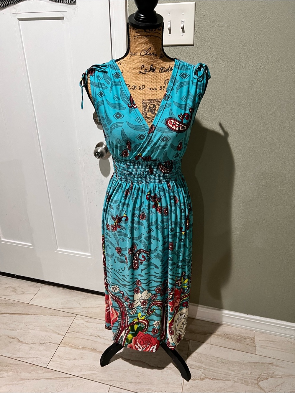 WinWin Boho Sleeveless Turquoise Blue Floral Print Dress Y2K